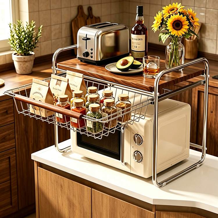 Slide-Out Drawer ပါသော Countertop Microwave Rack ကို စမတ်မီးဖိုချောင်သိုလှောင်မှု မရှိမဖြစ်ဖြစ်စေသောအရာ Slide-Out Drawer ပါသော Countertop Microwave Rack ကို စမတ်မီးဖိုချောင်သိုလှောင်မှု မရှိမဖြစ်ဖြစ်စေသောအရာ